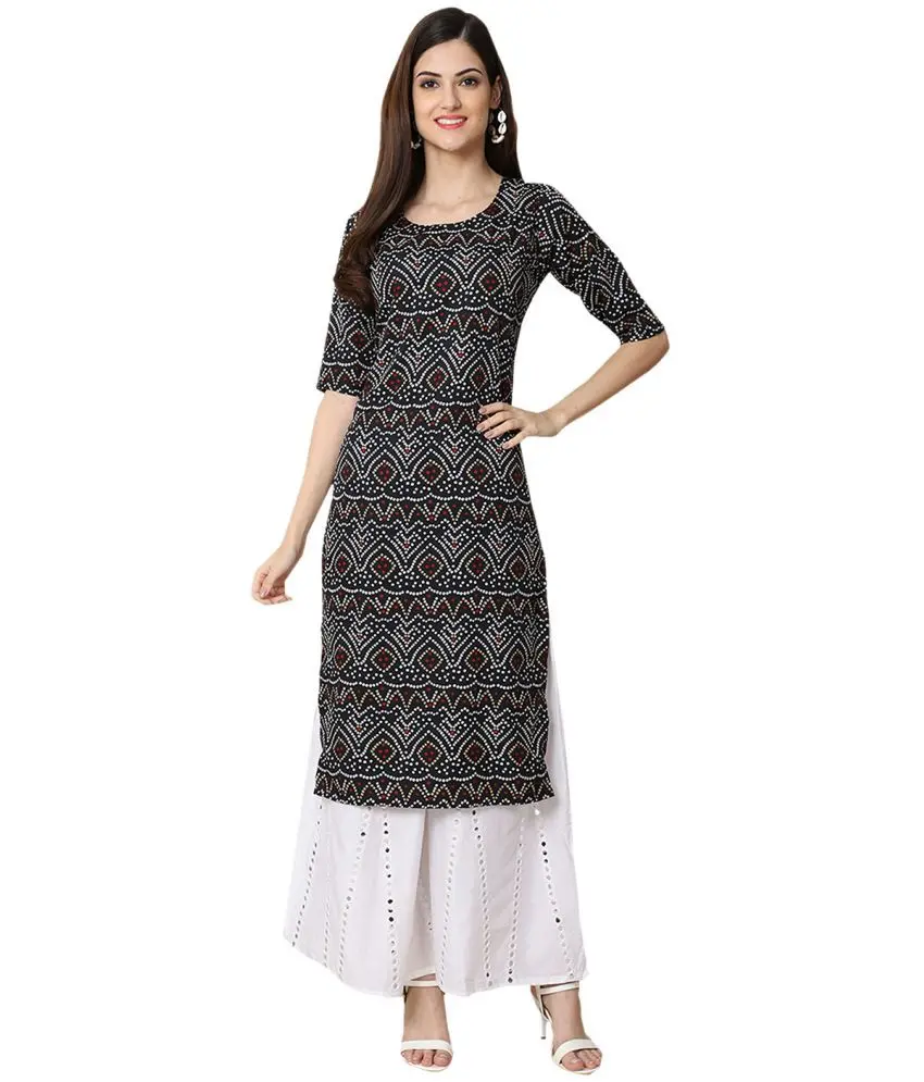 1 Stop Fashion Crepe Printed Straight Women's Kurti - Black ( Pack of 1 ) 