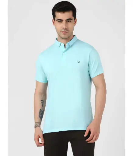 UrbanMark Men 100% Cotton Half Sleeves Regular Fit Solid Polo T Shirt-Light Blue