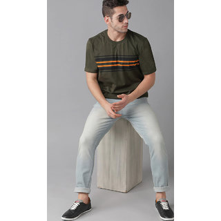 Odoky Olive Black &Orange Round Neck T-Shirt For Men